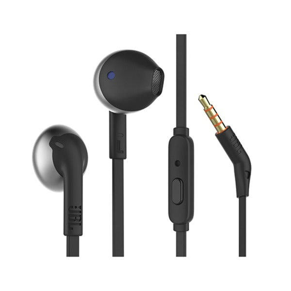 JBL T205 Black Earbud headphones - 1-button remote with microphone - Tangle-free flat cable