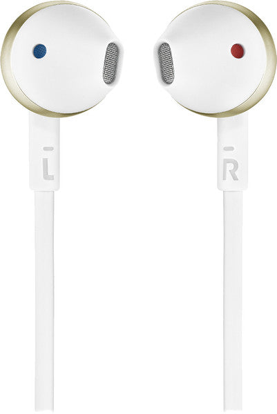 JBL T205 Champagne Gold Earbud headphones - 1-button remote with microphone - Tangle-free flat cable