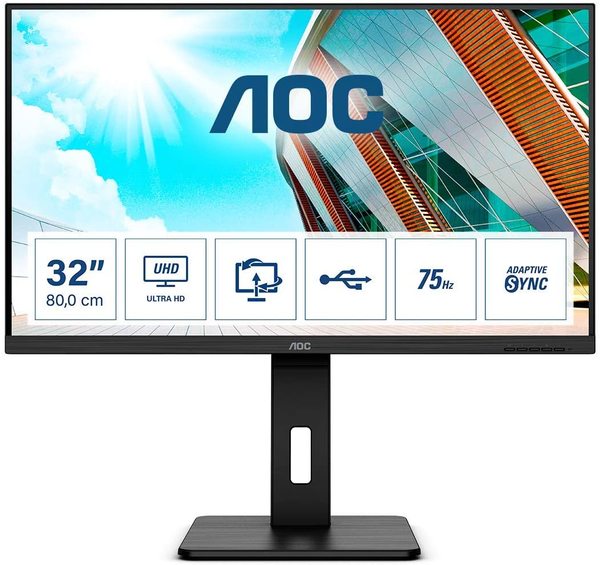 AOC - U32P2 - 32 " - VA - 60 Hz - 4 ms - 3840 x 2160 pixels - HDMI ports quantity 2