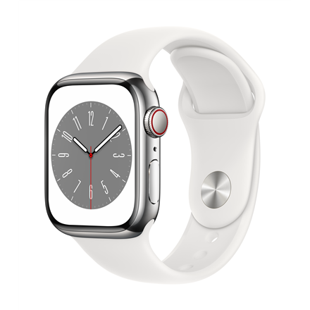 Apple Watch Series 8 GPS + Cellular 41mm Stainless Steel with Sport Band - Silver/White (MNJ53EL/A)
