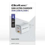 QOLTEC GaN ULTRA 35W Dual Port Charger - USB-C PD & USB-A - White (50763)