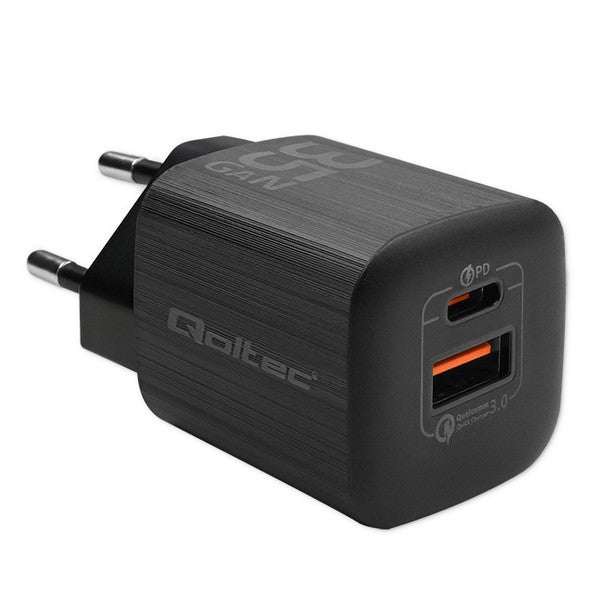 QOLTEC 50764 GaN ULTRA 35W Dual Port Charger - USB-C PD & USB-A - Black