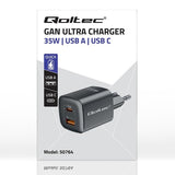 QOLTEC 50764 GaN ULTRA 35W Dual Port Charger - USB-C PD & USB-A - Black