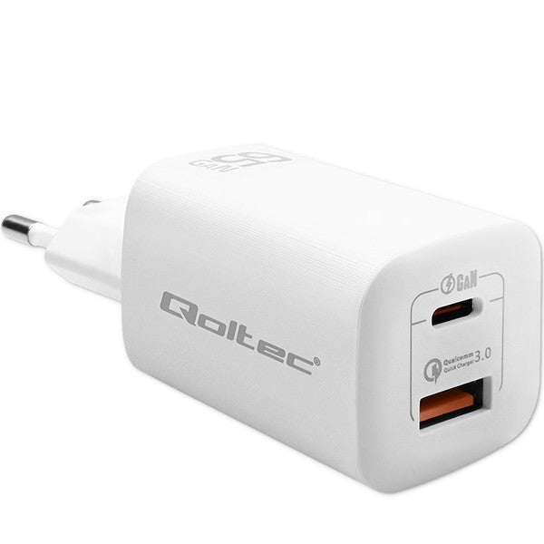 QOLTEC GaN ULTRA 65W USB-C PD & USB-A Wall Charger - White (Model: 50765)