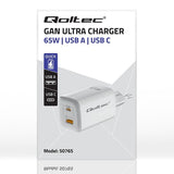 QOLTEC GaN ULTRA 65W USB-C PD & USB-A Wall Charger - White (Model: 50765)