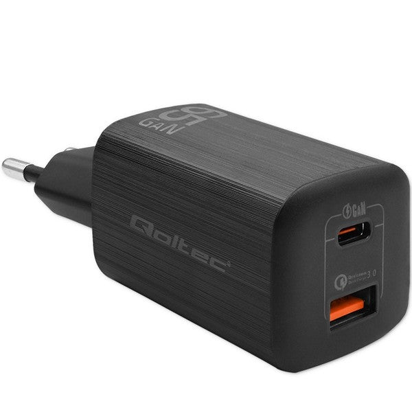 QOLTEC 50766 GaN ULTRA 65W Dual Port Charger - USB-C PD & USB-A - Black