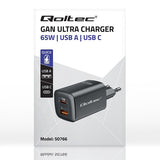 QOLTEC 50766 GaN ULTRA 65W Dual Port Charger - USB-C PD & USB-A - Black