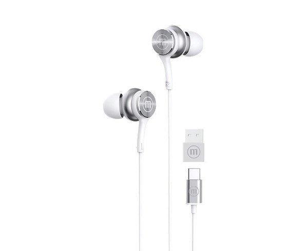 Maxell XC1 USB-C wired headphones with USB-A adapter, white color