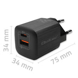 QOLTEC 50764 GaN ULTRA 35W Dual Port Charger - USB-C PD & USB-A - Black