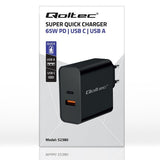 Qoltec 52380 Super Fast PD Charger - 65W USB-C & USB-A - Black