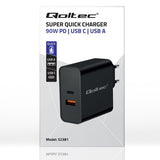 Qoltec 90W USB-C & USB-A PD Wall Charger - Black (Model: 52381)