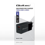Qoltec GaN POWER PRO 100W Dual Port Charger - USB-C & USB-A - Black (Model: 52382)