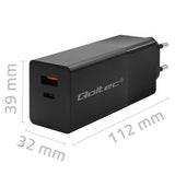 Qoltec GaN POWER PRO 100W Dual Port Charger - USB-C & USB-A - Black (Model: 52382)