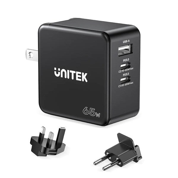 UNITEK P1117B GaN 65W 2C1A USB-C & USB-A Wall Charger - Black