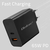 Qoltec 52380 Super Fast PD Charger - 65W USB-C & USB-A - Black