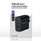 Qoltec 52380 Super Fast PD Charger - 65W USB-C & USB-A - Black