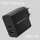 Qoltec 90W USB-C & USB-A PD Wall Charger - Black (Model: 52381)