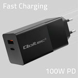 Qoltec GaN POWER PRO 100W Dual Port Charger - USB-C & USB-A - Black (Model: 52382)