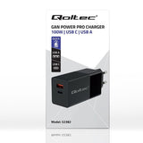 Qoltec GaN POWER PRO 100W Dual Port Charger - USB-C & USB-A - Black (Model: 52382)