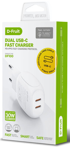 D-Fruit 30W Dual USB-C Charger with 1m USB-C Cable DF100