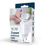 Gembird TA-UC-2A12-01 Universal AC Wall Charger for Smartphones, Smartwatches, and Tablets - White