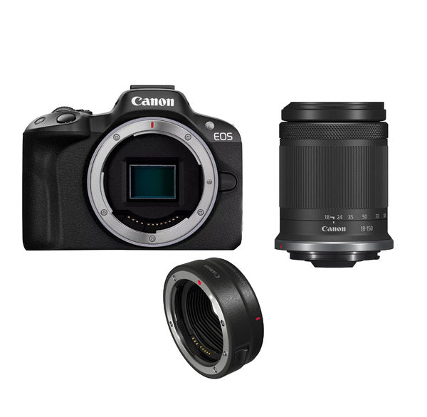 Canon EOS R50 + RF-S 18-150mm F3.5-6.3 IS STM + Mount Adapter EF-EOS R (Black)