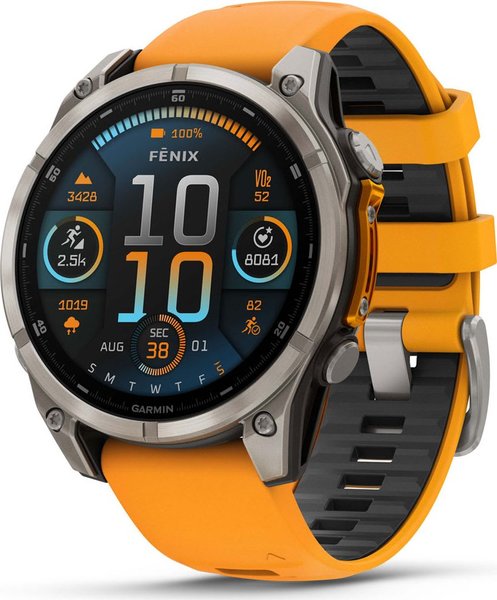 Garmin fenix 8 47mm AMOLED Sapphire Titanium Smartwatch with Orange/Graphite Silicone Strap