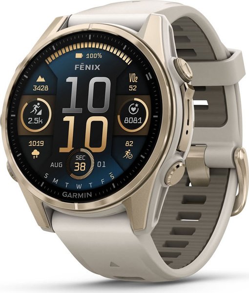 Garmin fenix 8 43mm AMOLED Smart Watch - Sapphire, Light Gold with Mist Grey/Dark Sandstone Silicone Strap