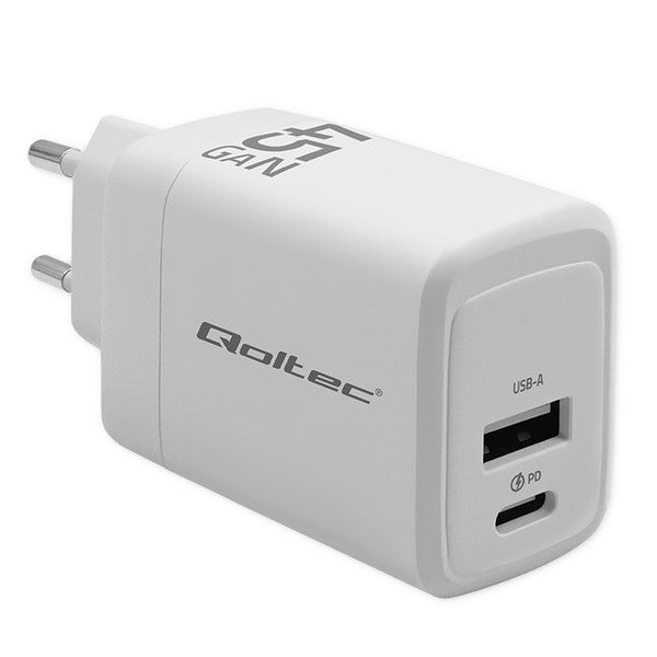 Qoltec 51825 GaN 45W Dual Port Charger - USB-C PD & USB QC 3.0 - White