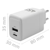 Qoltec 51825 GaN 45W Dual Port Charger - USB-C PD & USB QC 3.0 - White