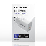 Qoltec 51825 GaN 45W Dual Port Charger - USB-C PD & USB QC 3.0 - White
