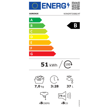 Gorenje W3NGPI72SBS Front Load Washing Machine - 7kg Capacity, 1200 RPM, Class B Energy