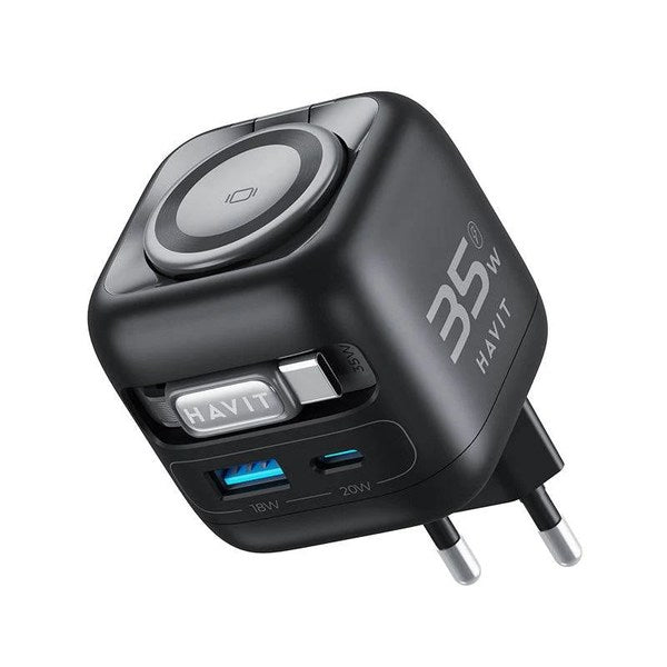 Havit UC250 A-EU GaN Travel Charger with Retractable Cable - Black