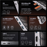 AXAGON HMC-KB USB-C 5Gbps Keyboard Hub with HDMI 4K/60Hz, PD 100W, microSD/SD, and 3x USB-A Ports