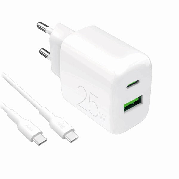 Puro 25W Dual Port Wall Charger with USB-C to USB-C Cable, 1.2m - White