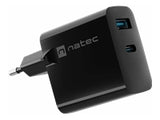 NATEC Ribera GaN 45W USB-A + USB-C Power Delivery Charger - Black