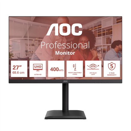AOC - U27E4CV - 27 " - IPS - UHD - 16:9 - 60 Hz - 4 ms - 3840 x 2160 pixels - 400 cd/m² - HDMI ports quantity 2 - Black