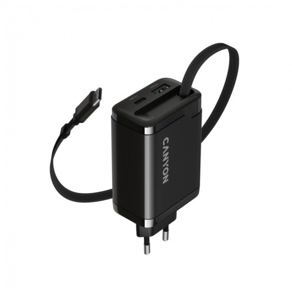 CANYON OnCharge 65RC USB-C Wall Charger with Built-In Cable - 65W Power Delivery & Quick Charge - Black (EU Plug)