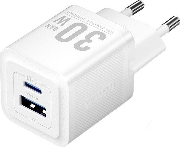 Vention 30W GaN Charger - 1x USB-A, 1x USB-C (White)