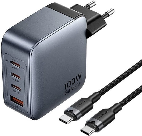 Vention 100W GaN Charger with 3x USB-C & 1x USB-A Ports + Cable