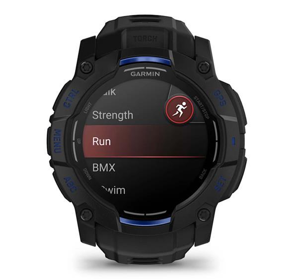 Instinct 3 - 50mm AMOLED Smartwatch, Black with Black/Bolt Blue Silicone Band