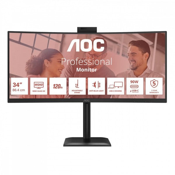 AOC CU34E4CW 120Hz curved LED monitor with speakers, webcam and VA technology - 34 inches - UWQHD (3440x1440, 21:9, 110ppi) - Response la...
