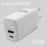 Qoltec 51825 GaN 45W Dual Port Charger - USB-C PD & USB QC 3.0 - White