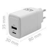 Qoltec 51825 GaN 45W Dual Port Charger - USB-C PD & USB QC 3.0 - White