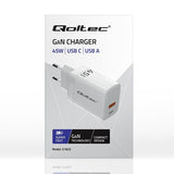Qoltec 51825 GaN 45W Dual Port Charger - USB-C PD & USB QC 3.0 - White